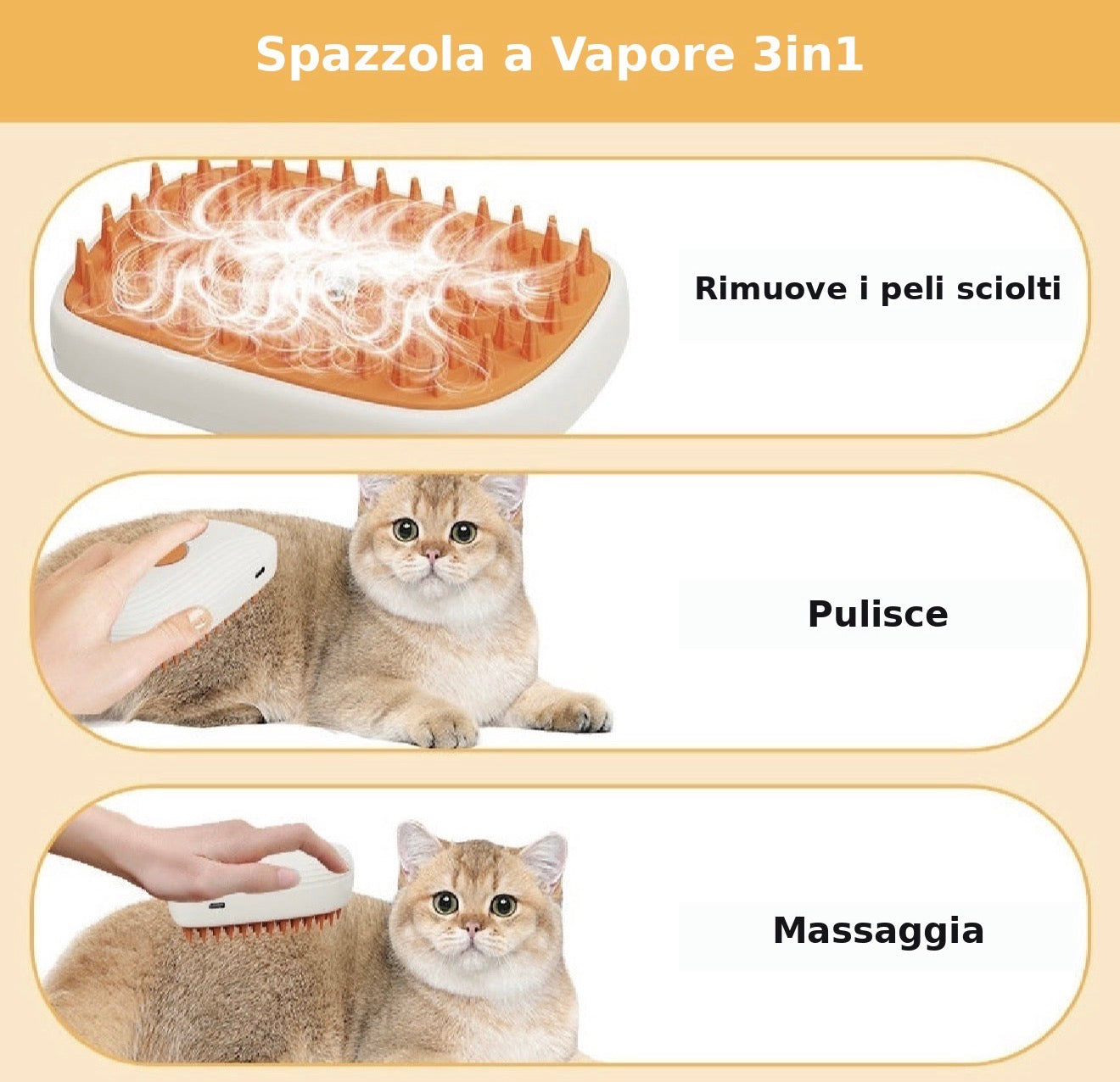 Spazzola a Vapore 3 in 1 per Cani e Gatti.